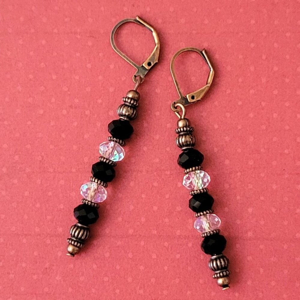 Black White CRYSTAL Rondelle EARRINGS Copper Brass Lever Back Earwires Art Deco